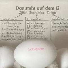 Eierstempel Bedeutung: Die Zahl 2 steht für Bodenhaltung, DE für Deutschland. Der Stempel erklärt die Herkunft und Haltungsform von Eiern.