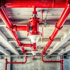 Rote Rohre einer Sprinkleranlage, die für die Wartung vorbereitet sind, verlaufen unter einer Beton-Decke.