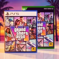 PS5 und Xbox Series X|S Hüllen für GTA 6 vor einem tropischen Sonnenuntergang. Palmen säumen die Küste, während das Spiel Cover Action verspricht.
