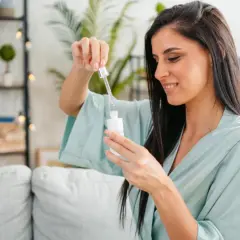 Frau mit dunklen Haaren in einem hellblauen Morgenmantel, die einen Tropfen eines Vitamin C Serums aus einer Pipette auf eine Flasche fallen lässt.