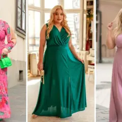 Trzy kobiety plus size w długich sukniach: kwiecista, zielona i pudrowy róż.