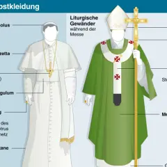 Vergleich von Alltagskleidung und liturgischer Papstkleidung. Der Hirtenstab und die Mitra sind Teil der festlichen Papstkleidung.