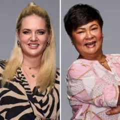 Zwei Frauen, eine mit blonden Haaren und Zebra-Muster-Kleid, die andere mit kurzen schwarzen Haaren und rosa Bluse. Sie sind Teil von "The 50 Staffel 3".