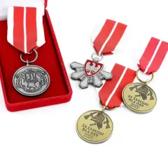 Odznaczenia strażackie w pudełku i luźno leżące na białym tle. Widać godło Polski i symbole strażackie.