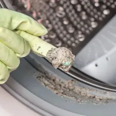 Mit einem Gummihandschuh wird Schmutz aus der Waschmaschine entfernt.