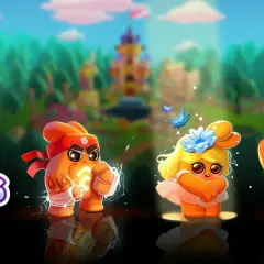 Trzy postacie z gry Dice Dreams: wojownik, księżniczka i rycerz, na tle zamku. Zdobądź darmowe obroty!