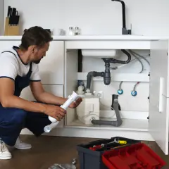 Hydraulik w niebieskim ogrodniczkach naprawia syfon pod zlewem w kuchni.