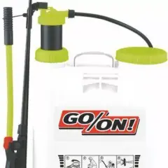 Opryskiwacz do ogrodu z żółtą lancą i zielonymi elementami. Logo GO/ON! na białym tle.