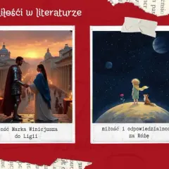 Motywy miłości w sztuce: mroczna królowa, rycerz i dama, Mały Książę z Różą, dziewczyna z książką.