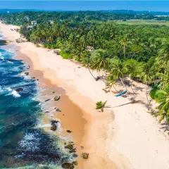 Rajska plaża na Sri Lance, z palmami i turkusową wodą. Zastanawiasz się, ile trwa lot?