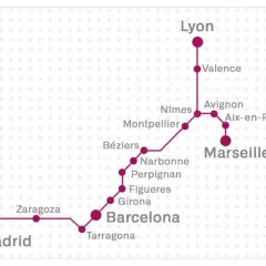 Mapa de rutas de tren que conectan Madrid, Zaragoza, Barcelona y Lyon, pasando por ciudades francesas como Montpellier y Marsella.