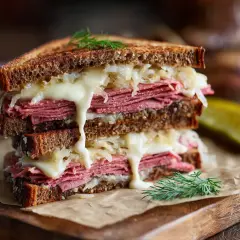 En saftig reuben sandwich med smält ost, krispig surkål och dill. En klassiker som smakar himmelskt.