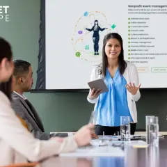 A presenter discusses nonprofit event management tools, highlighting features like flexible donations and customizable tickets, relevant to Eventbrite nonprofit pricing.