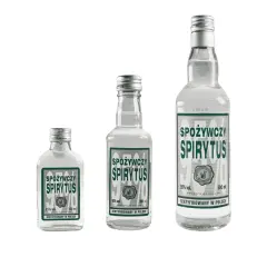 Trzy butelki "Spożywczy Spirytus" o różnej pojemności, najlepsza wódka ze spirytusu, produkt polski.