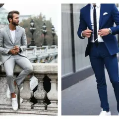 Homme en costume gris décontracté, et homme en costume bleu élégant. Un style vestimentaire qui ne manque pas de panache, comme un basket costume.