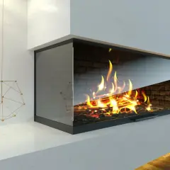 Moderner offener Kamin mit Glasscheibe, der die Vorschriften für Sicherheit und Ästhetik erfüllt. Ein warmes Feuer brennt hinter Glas.