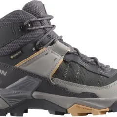 Szary, wysoki but trekkingowy Salomon X Ultra 5 Mid GTX z membraną Gore-Tex, idealny na górskie wędrówki.
