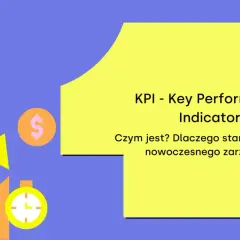 Kluczowe wskaźniki efektywności (KPI) w logistyce: wykres wzrostu, dolar, zegar i koło zębate.