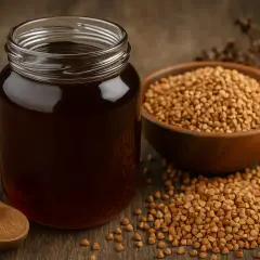 Słoik ciemnego miodu gryczanego, drewniana łyżka i miseczka z gryką. Miód gryczany na co? Na zdrowie i pyszny smak!