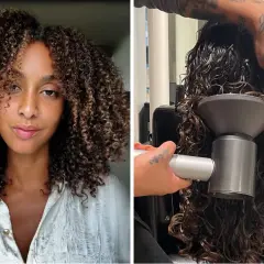 Vänster: kvinna med vackert, tovigt hår. Höger: hårstylist använder diffuser på vått, lockigt hår.