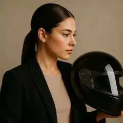 Mujer con coleta y blazer negro, sosteniendo un casco negro. Ideas de peinados para ir en moto.