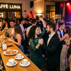 Coppie ballano al Caffè Luna, un locale che promette di diventare il **new futura disco club**. DJ Kai mixa musica mentre la gente si diverte.
