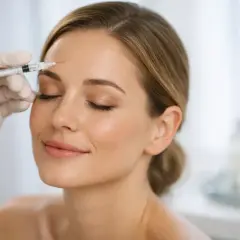 En kvinna får baby botox i pannan. Hon ler avslappnat medan en hand i handske försiktigt injicerar.
