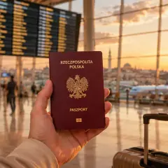 Polski paszport w dłoni, gotowy do przekroczenia granic Turcji. W tle lotnisko i zachód słońca.