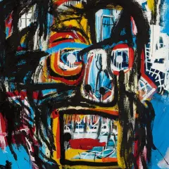 A vibrant, abstract painting featuring a bold, expressive **Basquiat skull** with striking black outlines, vivid colors, and a raw, energetic style.