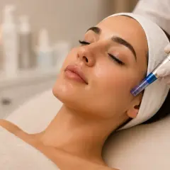 En kvinna får en microneedling-behandling för medicinsk hudvård. En hand med vit handske håller en penna som förs över hennes kind.