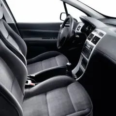 Interior de Peugeot 307, asientos delanteros de tela gris, salpicadero y consola central. Sin anomalia anticontaminacion visible.