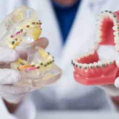 Dwa modele szczęk pokazują różne rodzaje aparatów ortodontycznych: jeden z kolorowymi gumkami, drugi z metalowymi.