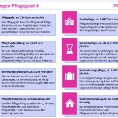 Leistungen für Pflegegrad 4: Pflegegeld, Pflegesachleistung, Nachtpflege, Kurzzeitpflege, Betreuungsleistungen, Verhinderungspflege, Pflegehilfsmittel, Wohnraumanpassung.