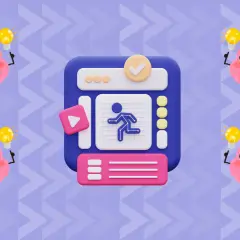 Uroczy cartoon z mózgami trzymającymi żarówki, symbolizującymi pomysły, otacza ekran z biegnącą postacią.