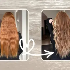 Avant/après : des cheveux roux transformés avec des mèches effet soleil, apportant lumière et mouvement.