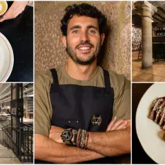 Chef sonriente, plato de pato con higos, café latte art y el interior de un restaurante moderno. Ideas para donde comer en Pontevedra.