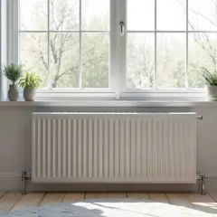 Un radiateur blanc sous une fenêtre ensoleillée, avec des plantes vertes. Faut-il changer les radiateurs avec une pompe à chaleur pour un chauffage plus écologique ?