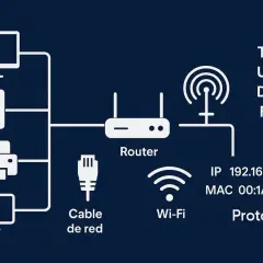 Diagrama de una red local (poe lan) con router, cable de red, Wi-Fi, y dispositivos conectados. Muestra protocolos y datos de IP.