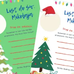 Dwie karty pracy "List do św. Mikołaja" z miejscem na życzenia i rysunkami choinek i czapki Mikołaja.