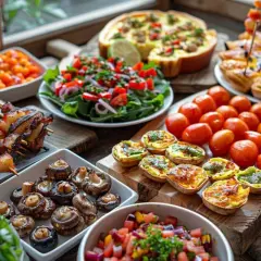 Un festin de tapas barbecue : brochettes, champignons farcis, quiches, salade fraîche et tomates cerises. Parfait pour un repas convivial.