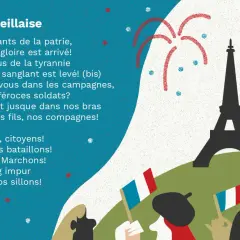 Wieża Eiffla, sztuczne ognie i tekst "La Marseillaise" na tle flagi Francji.