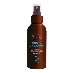 Brązowa butelka z atomizerem Ziaja Masło kakaowe – spray przyspieszający opalanie. Poznaj, jak działa przyspieszacz opalania dla pięknej skóry.