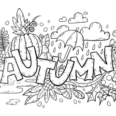 Un mandala de otoño infantil con la palabra "AUTUMN", calabazas, hojas, un paraguas y gotas de lluvia.