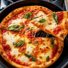 Une main retire une part de pizza margherita fondante d'une poêle. La croûte dorée et le fromage filant témoignent d'un parfait rechauffer pizza poele.