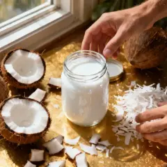 Découvrez comment est fait le lait de coco : des noix de coco fraîches, râpées et pressées pour obtenir ce liquide crémeux dans un bocal.