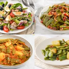 Cuatro platos de judías verdes: ensalada con atún, con bacon, con patatas y tomate, y salteadas con patatas. ¡Ideas para recetas de judías verdes!