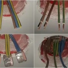 Instalacja elektryczna: różne rodzaje kabli wychodzą z puszki, gotowe do podłączenia. Jaki kabel do gniazdek? Tu widać przewody fazowe, neutralne i ochronne.