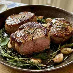 Tre succulenti medaglioni di filetto di maiale in padella morbido, cotti con aglio e rosmarino, emanano un profumo invitante.