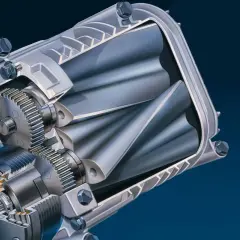 Przekrój kompresora mechanicznego, pokazujący zazębione wirniki. To rozwiązanie, w przeciwieństwie do turbo, napędzane jest bezpośrednio przez silnik.
