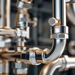 Błyszczące, metalowe rury i złączki, tworzące skomplikowaną sieć. Widoczne są detale łączenie rur pex, sugerujące instalację hydrauliczną.